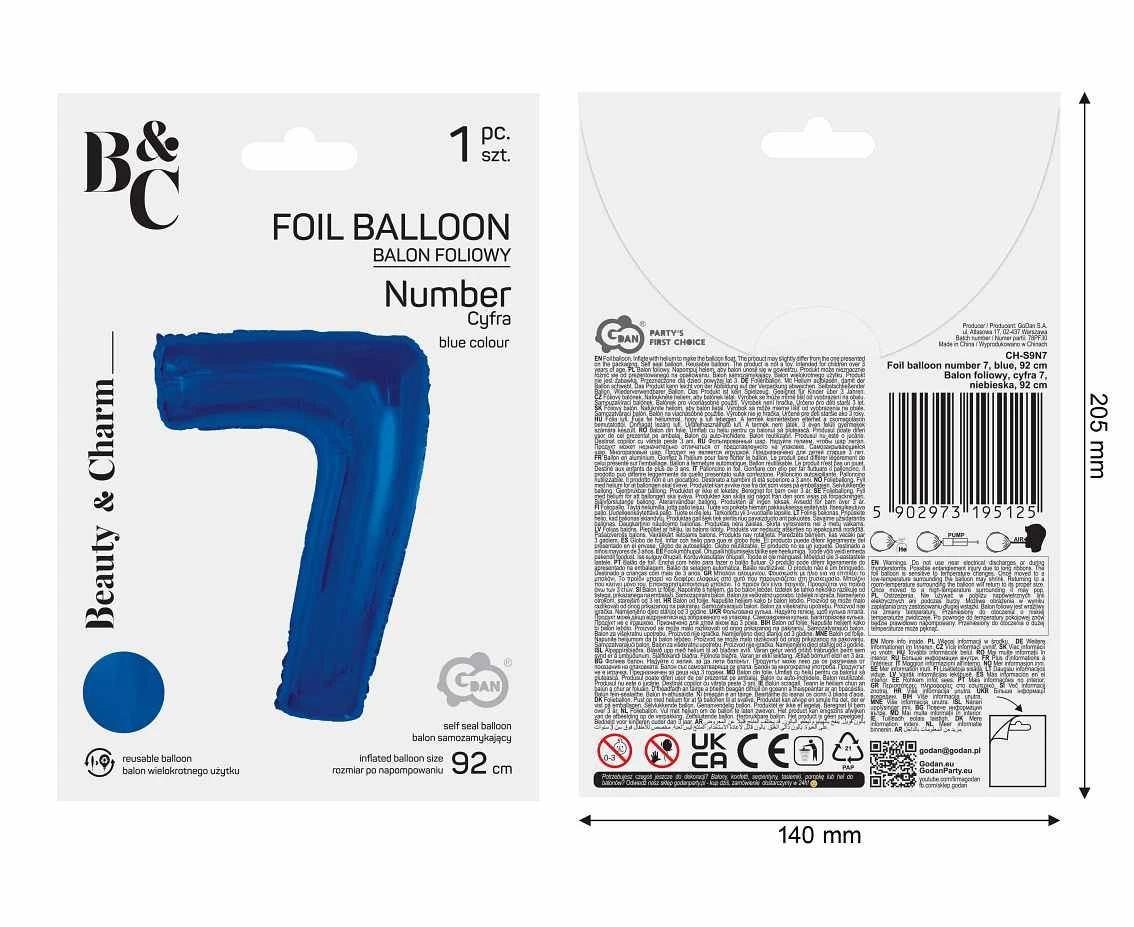 Balon foliowy B&C Cyfra 7, niebieska, 92 cm